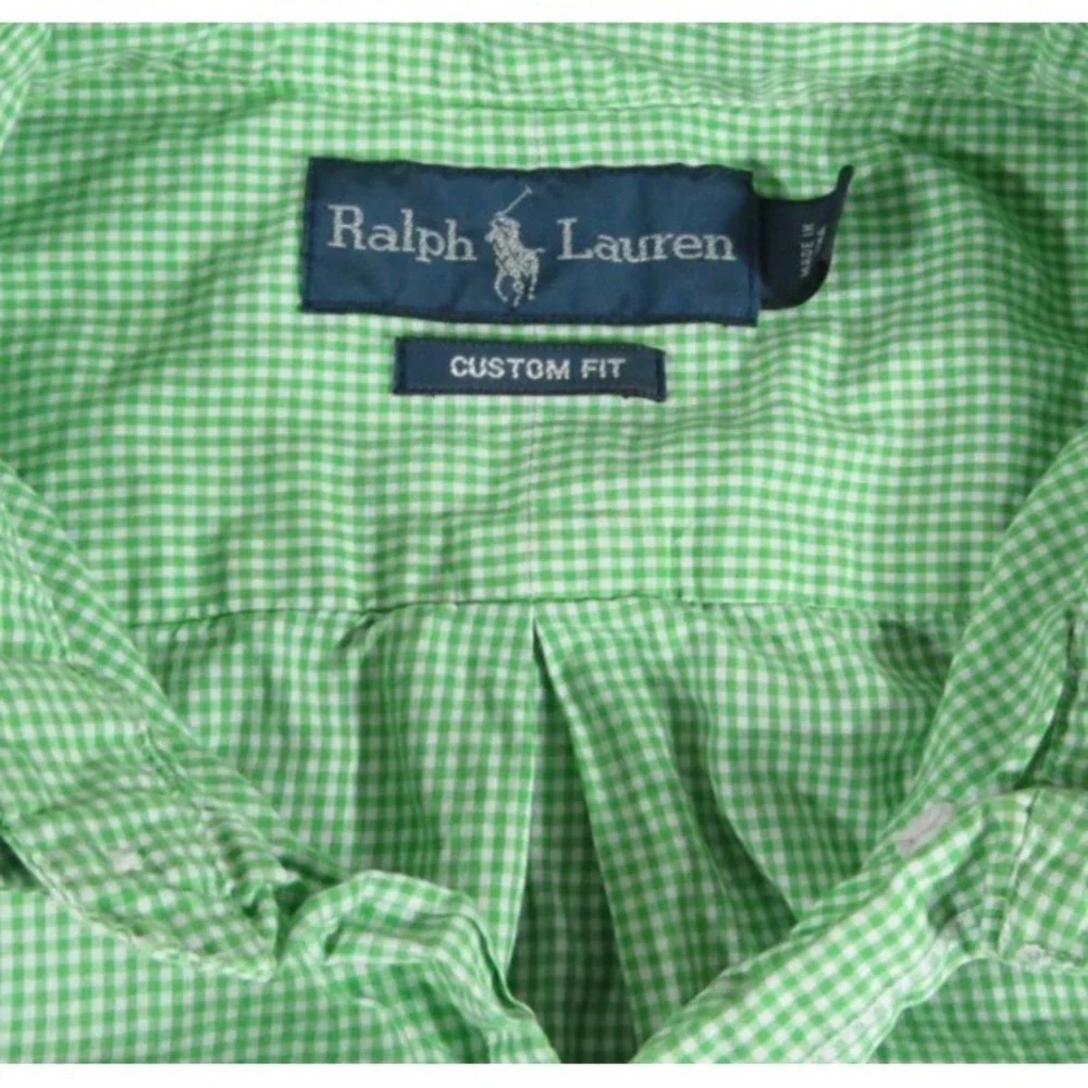 Polo Ralph Lauren Shirt Men L Green White Gingham Check Custom Fit Orange Pony
